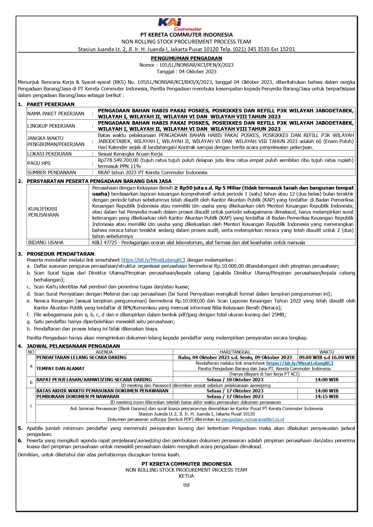 2 pengumuman 105. pengadaan bahan habis pakai poskes posrikkes dan refill p3k 1